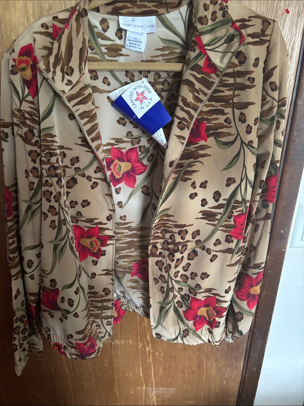 Susan Graver Beige Floral & Leopard Print Bomber Jacket
